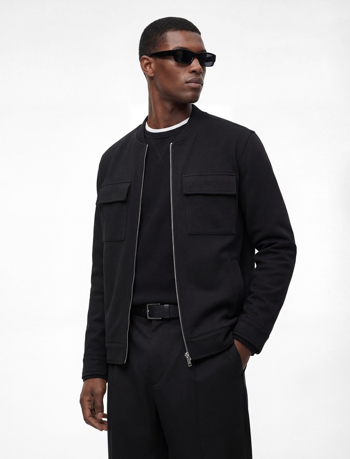  Slim Fit Uzun Kollu Kapaklı Cepli Fermuarlı Kolej Yaka Bomber Ceket
