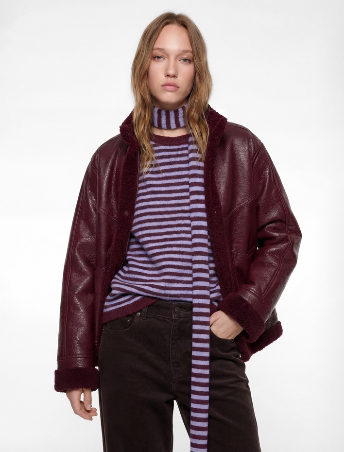  Peluş Astarlı Dik Yaka Çıtçıt Düğmeli Fermuarlı Suni Deri Ceket