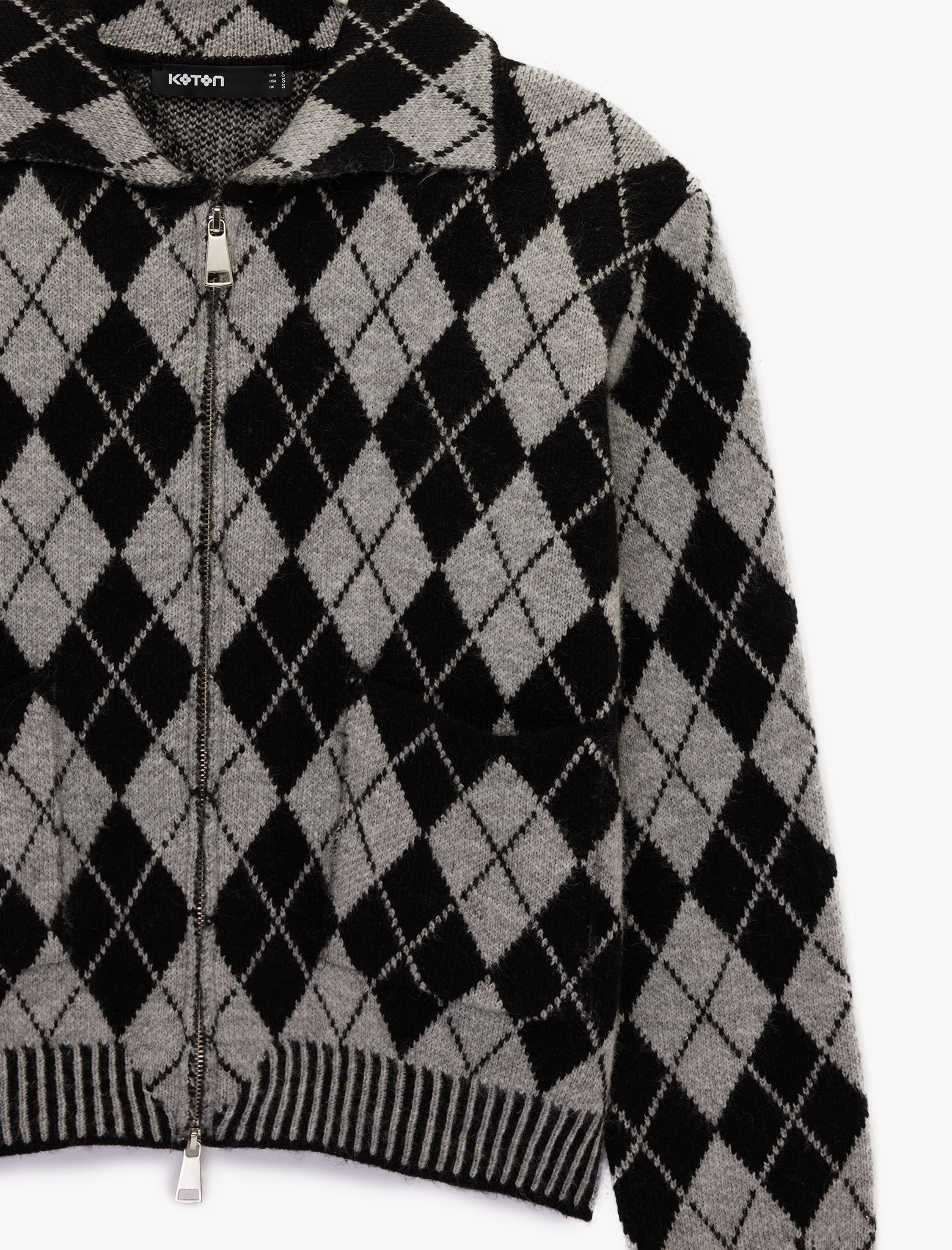   Uzun Kollu Fermuarlı Baklava Desenli Triko Hırka