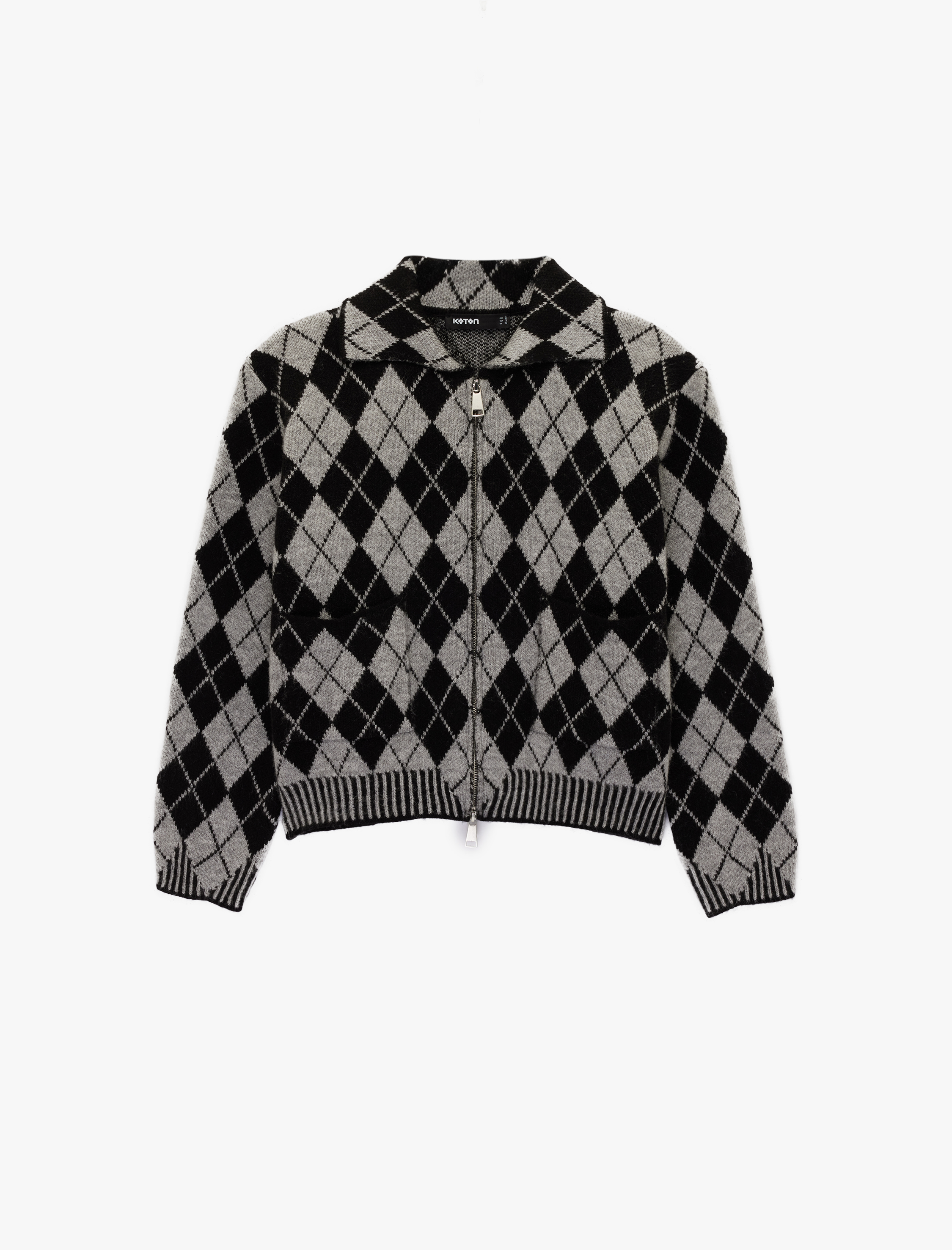   Uzun Kollu Fermuarlı Baklava Desenli Triko Hırka