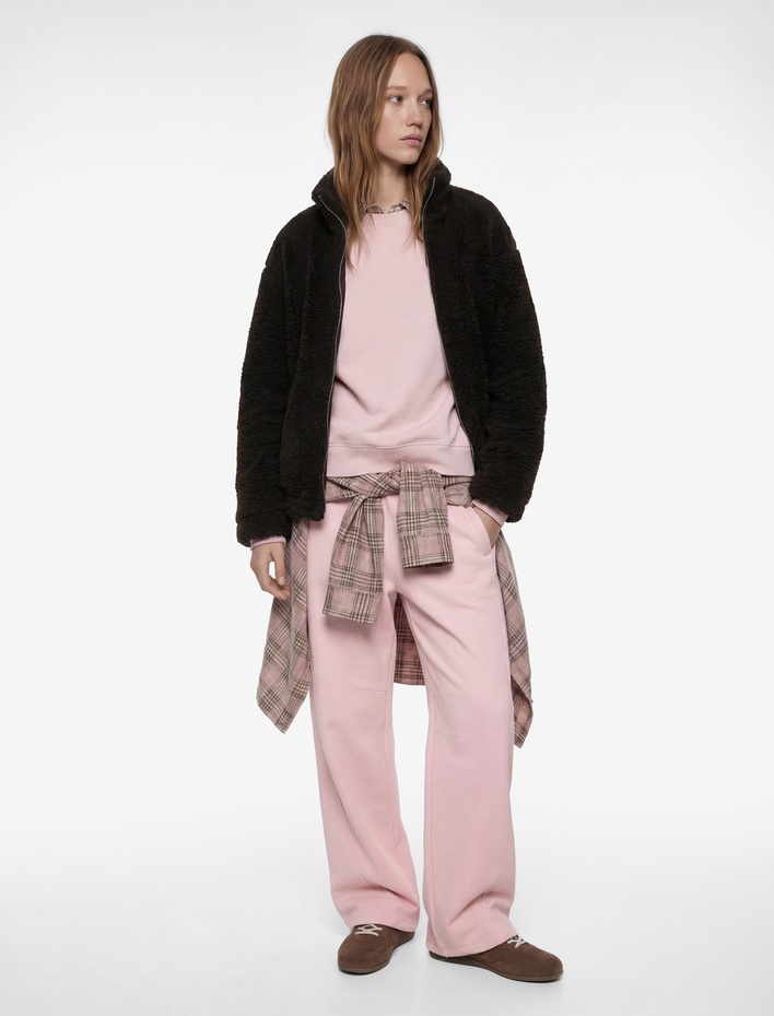  Fermuarlı Dik Yaka Uzun Kollu Peluş Ceket