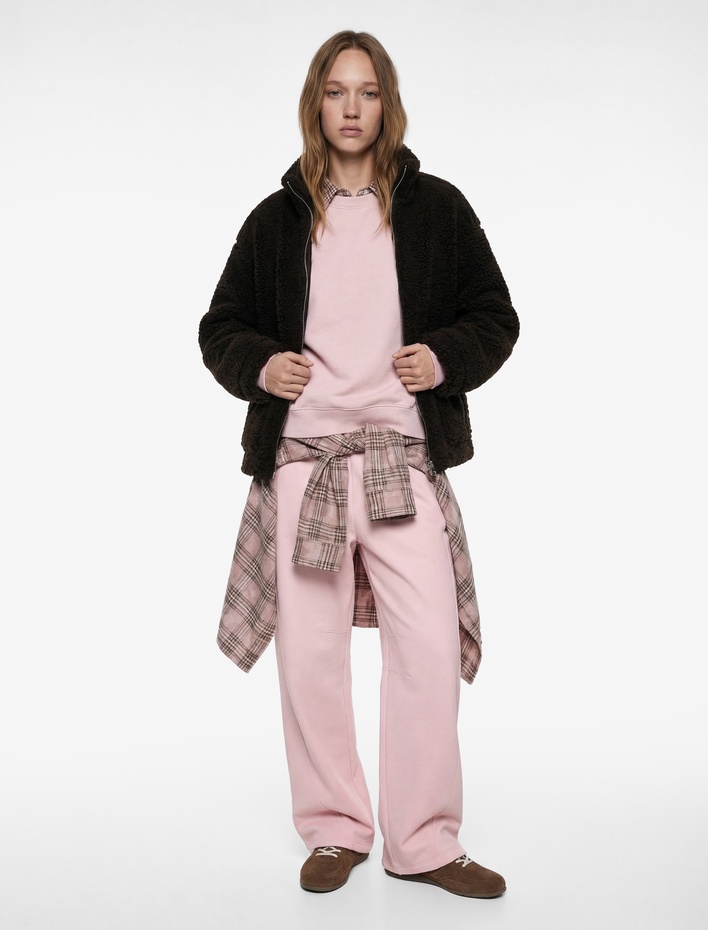  Fermuarlı Dik Yaka Uzun Kollu Peluş Ceket