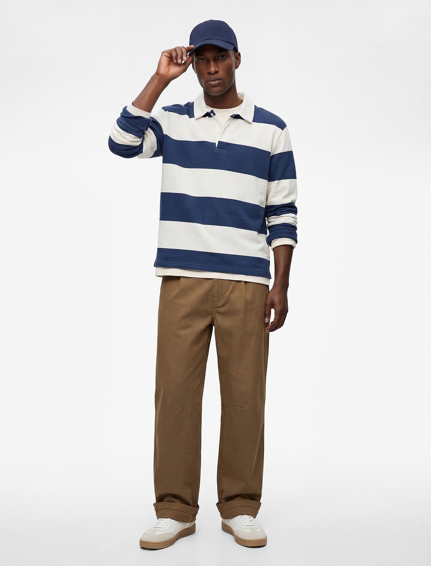 Koton Erkek Regular Fit Uzun Kollu Şardonlu Düğmeli Polo Yaka Çizgili Sweatshirt