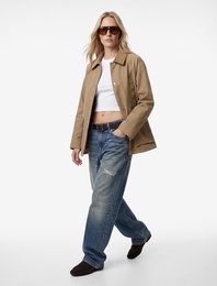 Düğmeli Cepli Kadife Yaka Detaylı Uzun Kollu Gabardin Barn Ceket