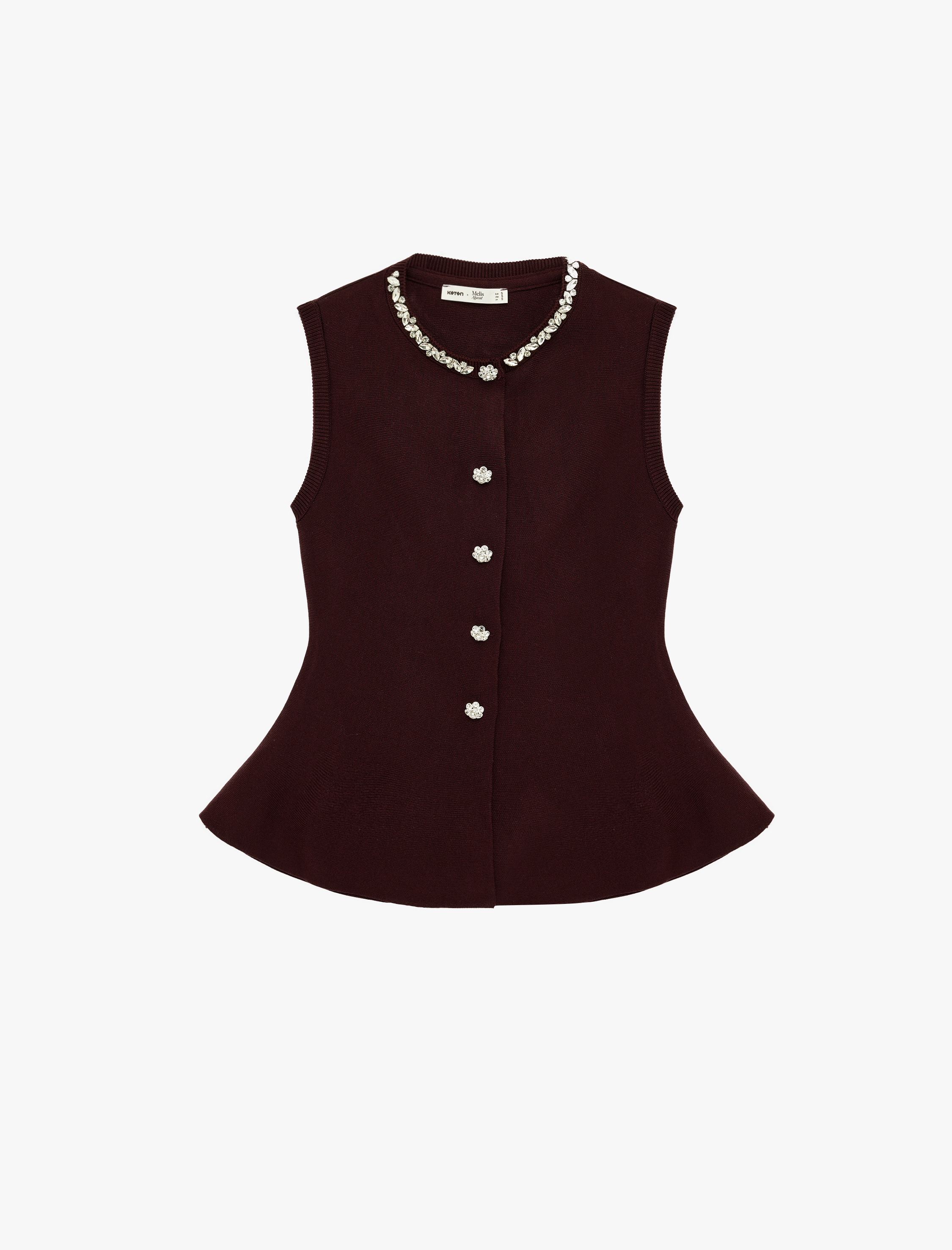   Koton X Melis Ağazat - Mücevher Düğmeli Bisiklet Yaka Peplum Taşlı Triko Yelek