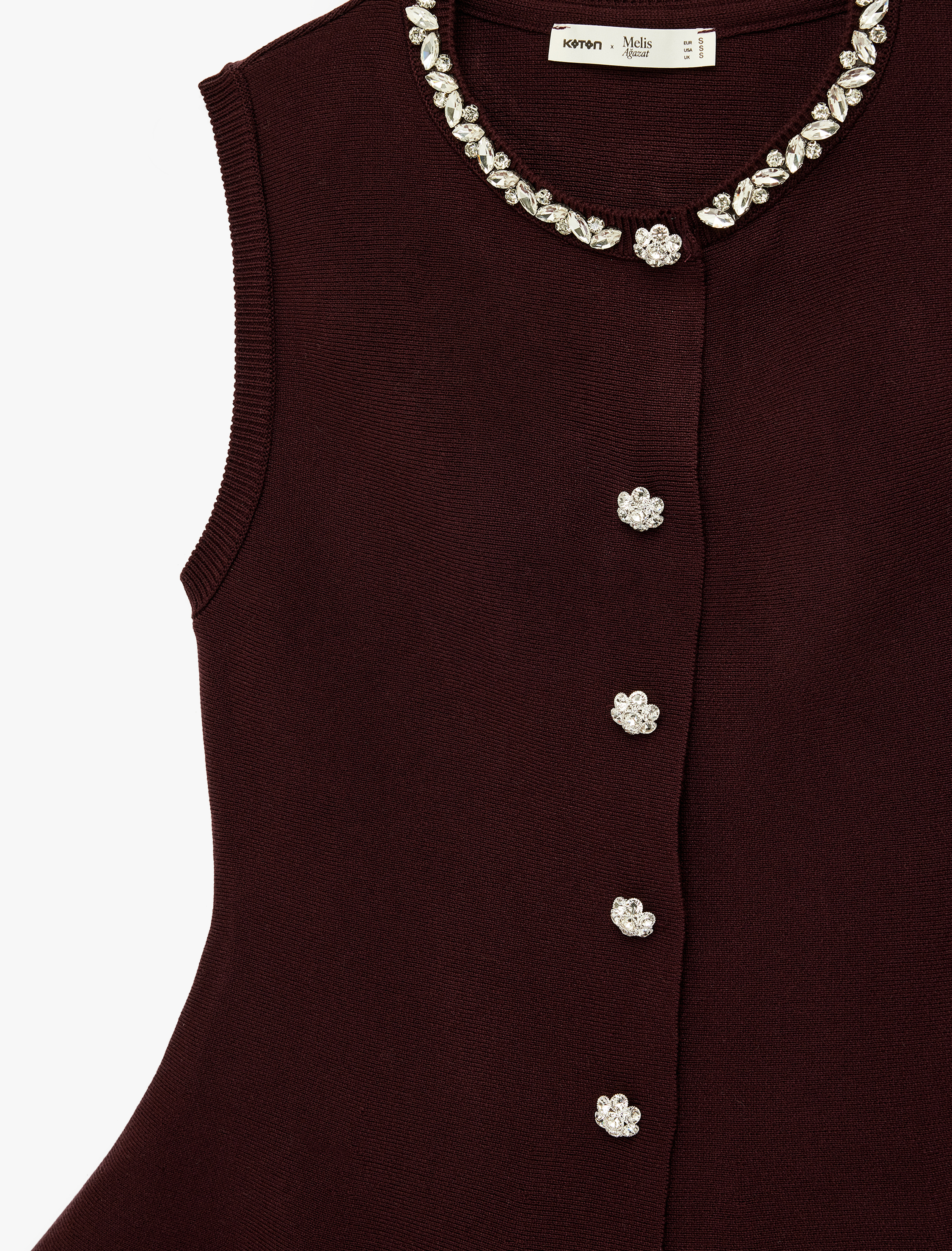   Koton X Melis Ağazat - Mücevher Düğmeli Bisiklet Yaka Peplum Taşlı Triko Yelek