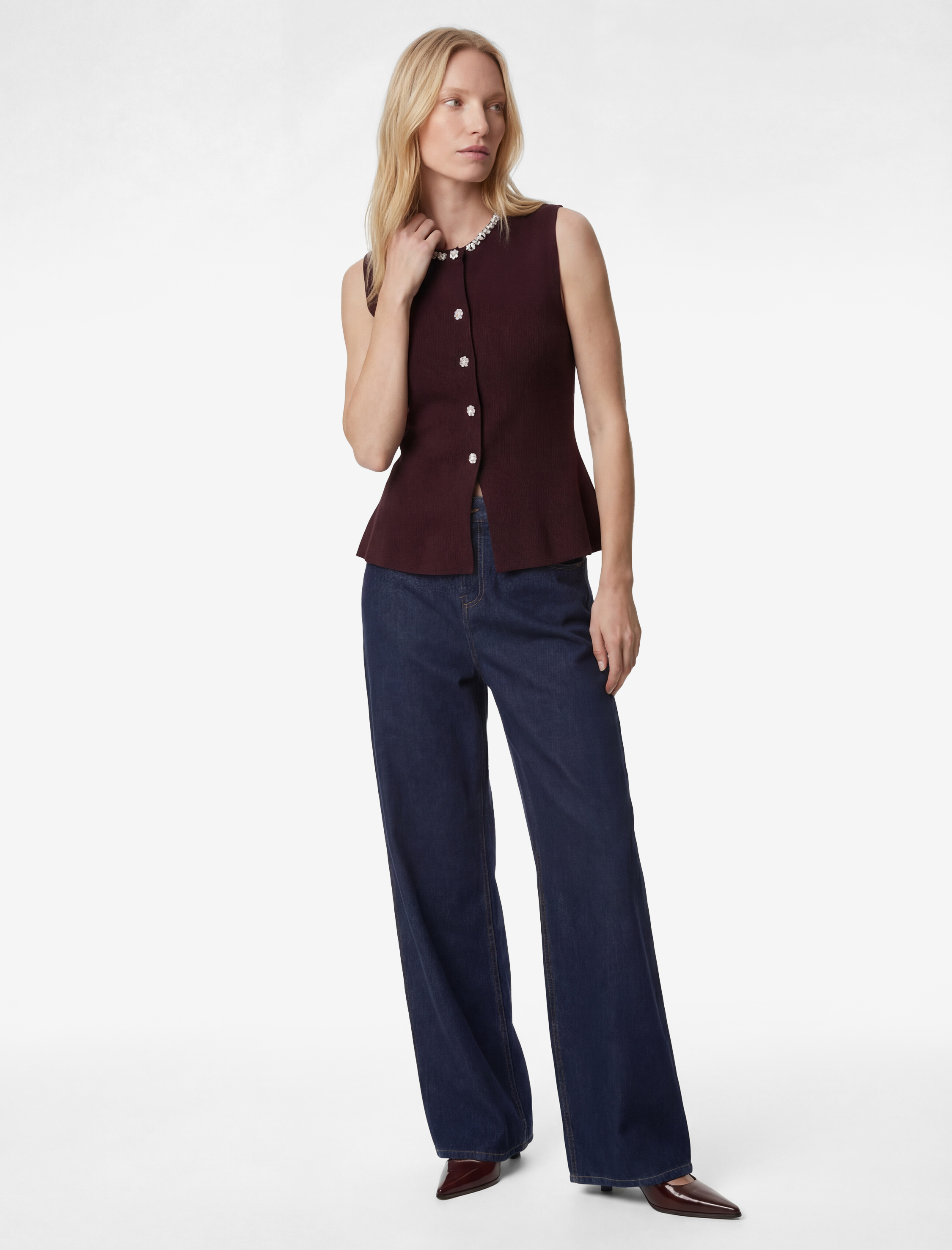   Koton X Melis Ağazat - Mücevher Düğmeli Bisiklet Yaka Peplum Taşlı Triko Yelek