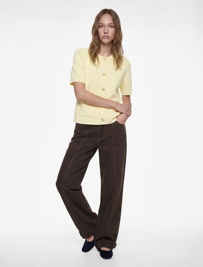  Düğmeli Cepli Kısa Kollu Bisiklet Yaka Triko Hırka