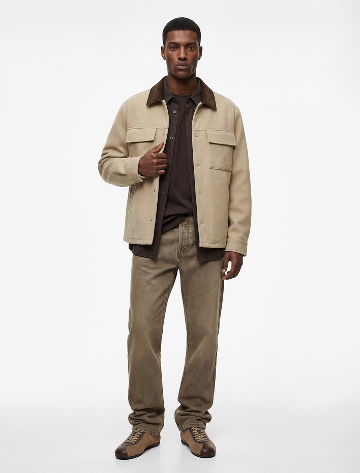  Uzun Kollu Cep Detaylı Renk Kontrastlı Gömlek Yaka Düğmeli Kaşe Ceket