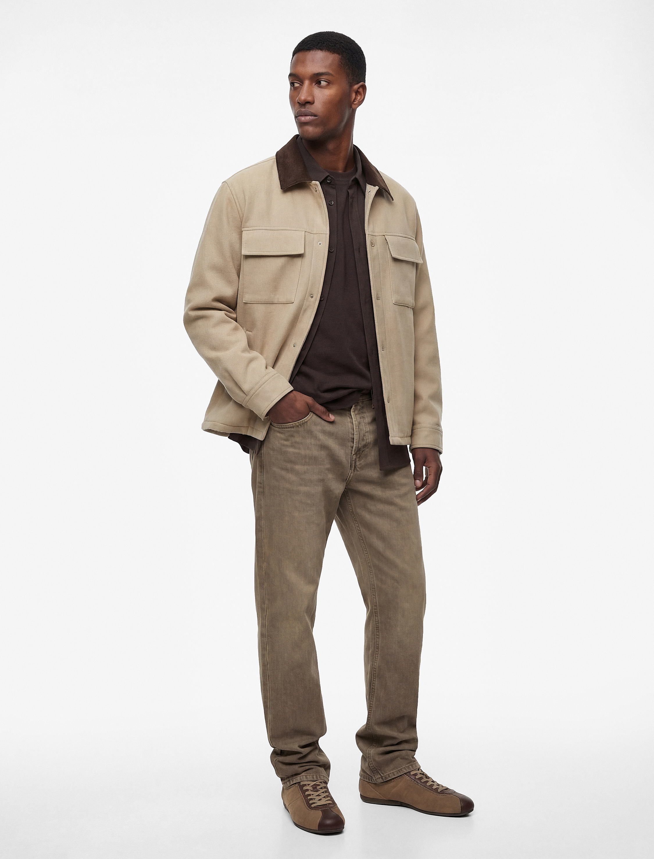   Uzun Kollu Cep Detaylı Renk Kontrastlı Gömlek Yaka Düğmeli Kaşe Ceket