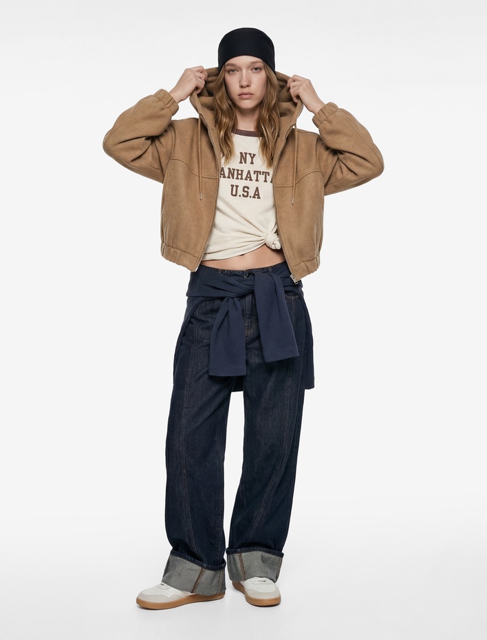  Kapüşonlu Uzun Kollu Fermuarlı Crop Ceket