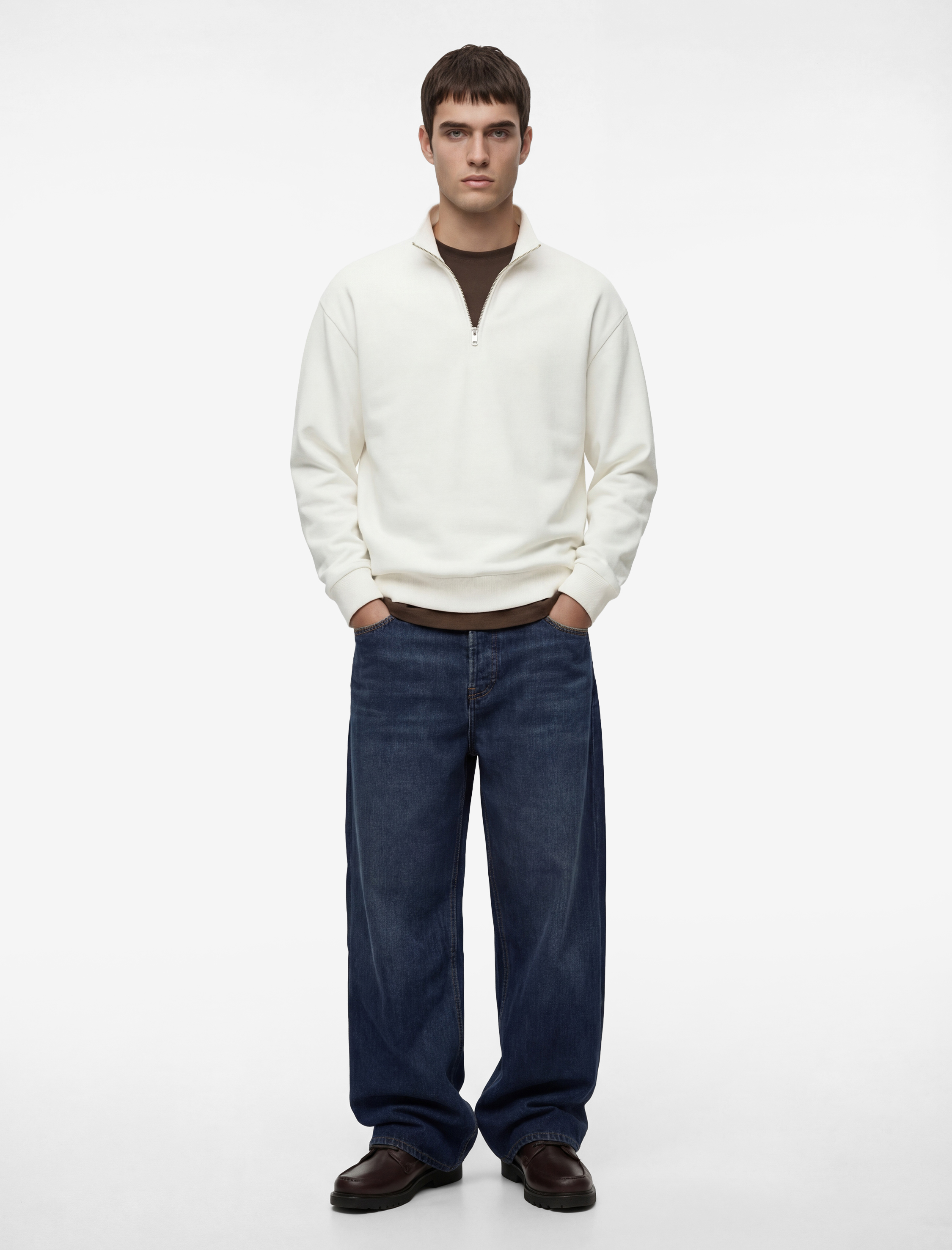   Uzun Kollu Şardonlu Basic Yarım Fermuarlı Sweatshirt