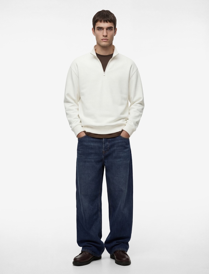  Uzun Kollu Şardonlu Basic Yarım Fermuarlı Sweatshirt