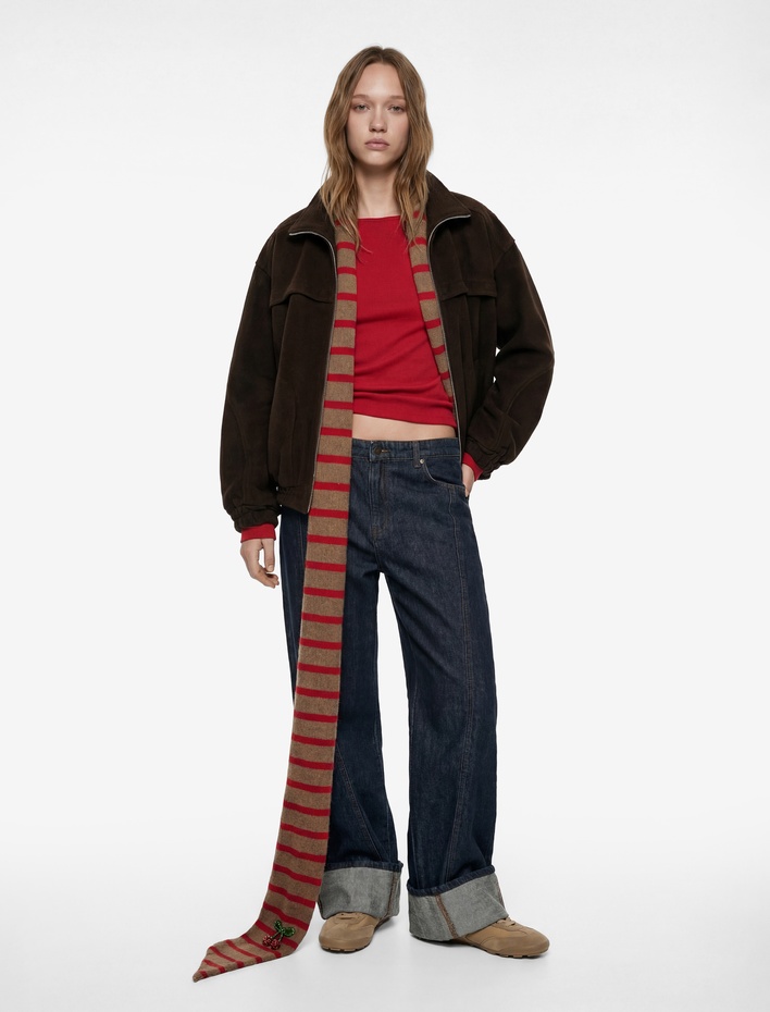  Uzun Kollu Cep Detaylı Fermuarlı Oversize Ceket