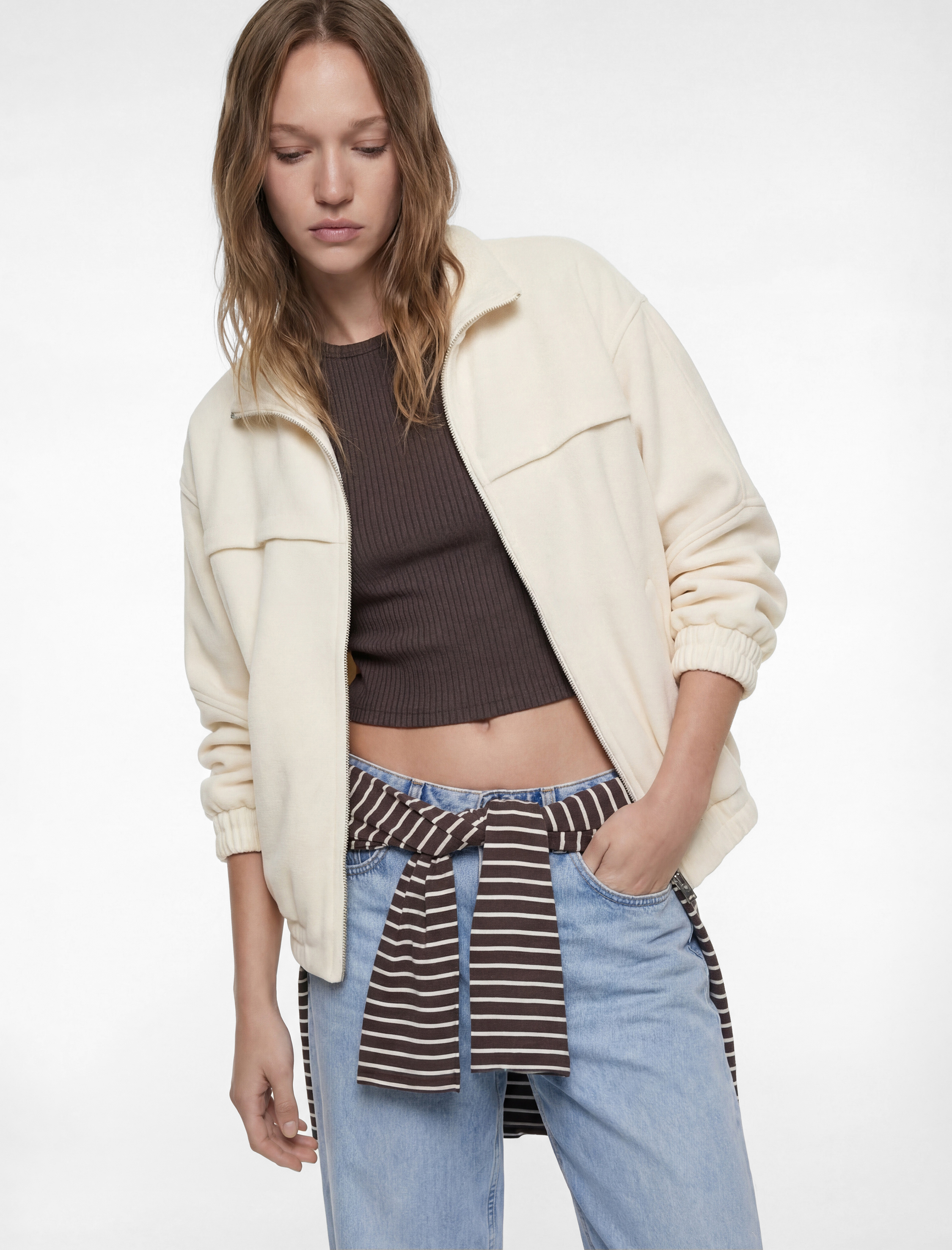   Uzun Kollu Cep Detaylı Fermuarlı Oversize Ceket