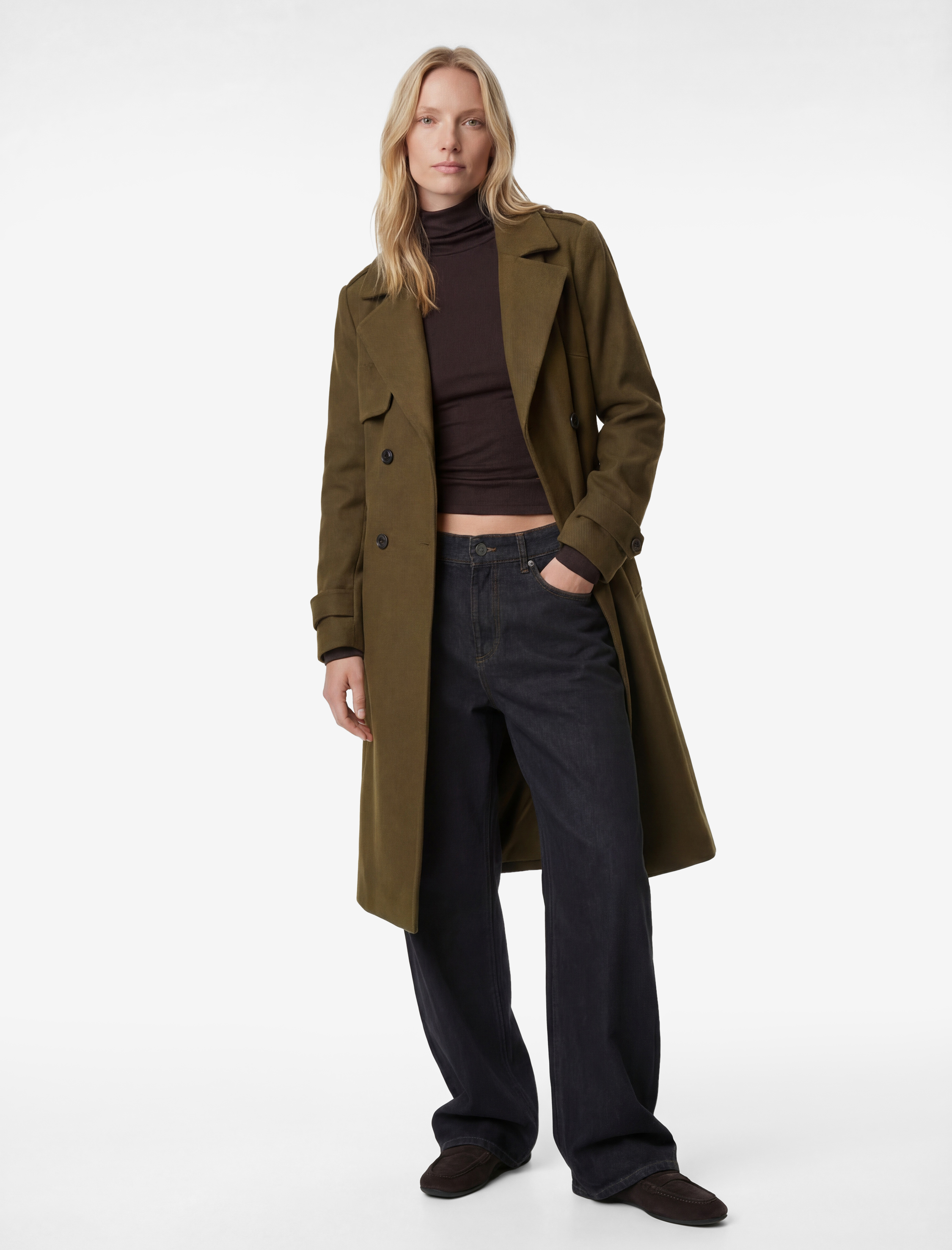   Trenç Kaban Kaşe Uzun Kollu Kruvaze Kemerli