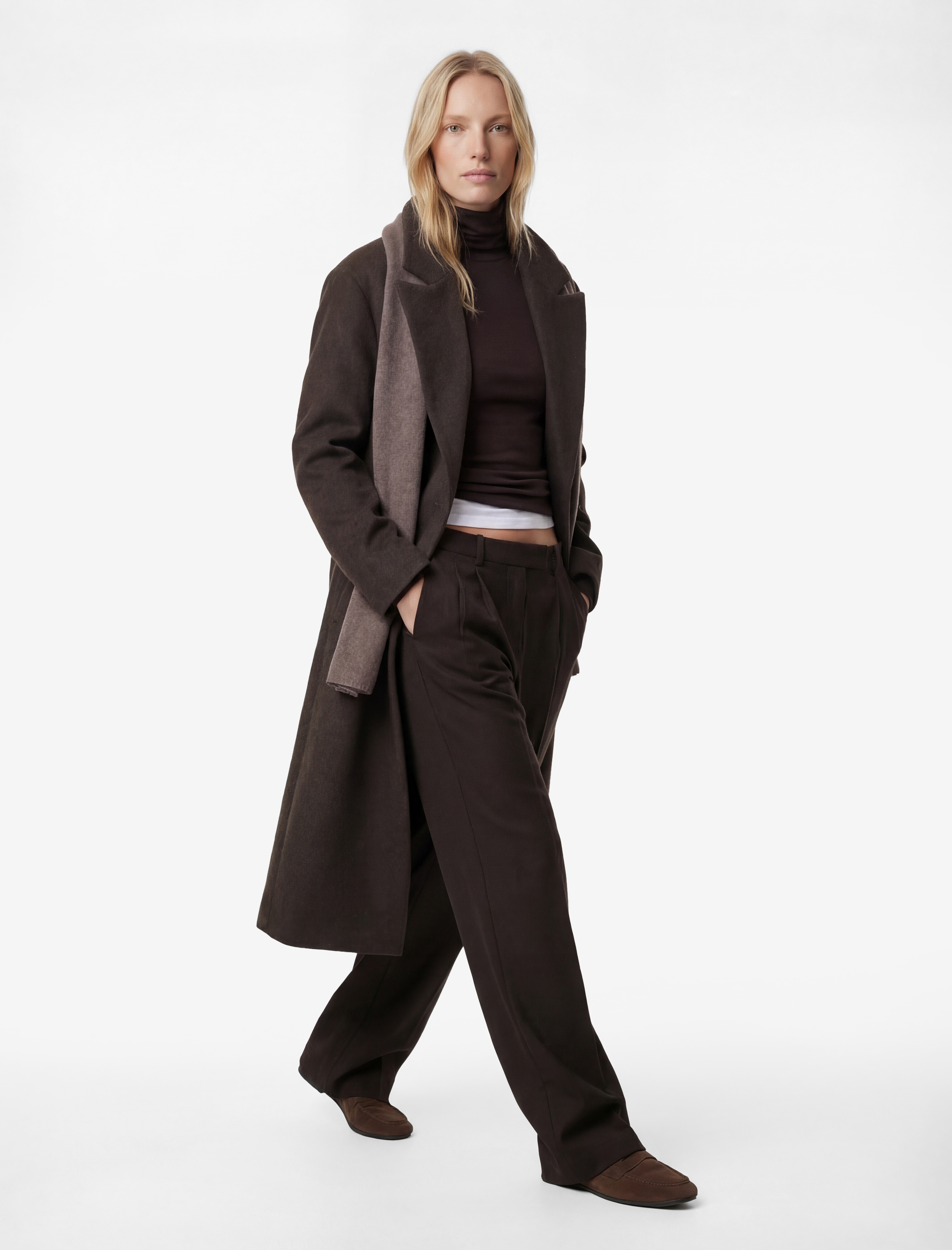   Uzun Kollu Cepli Düğmeli Kruvaze Kaşe Kaban