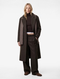 Uzun Kollu Cepli Düğmeli Kruvaze Kaşe Kaban