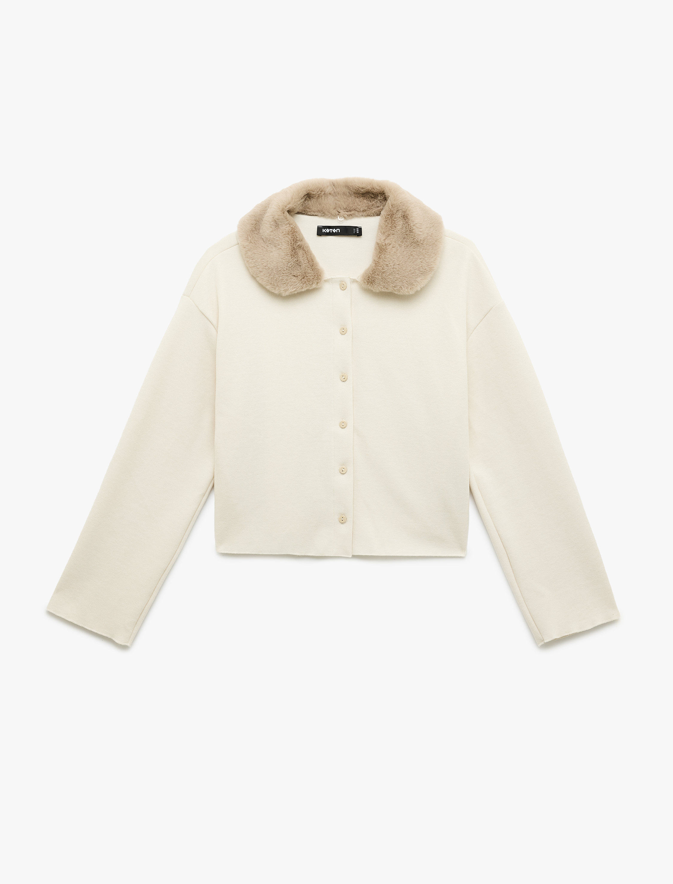   Uzun Kollu Düğmeli Çıkarılabilir Suni Kürk Yakalı Hırka