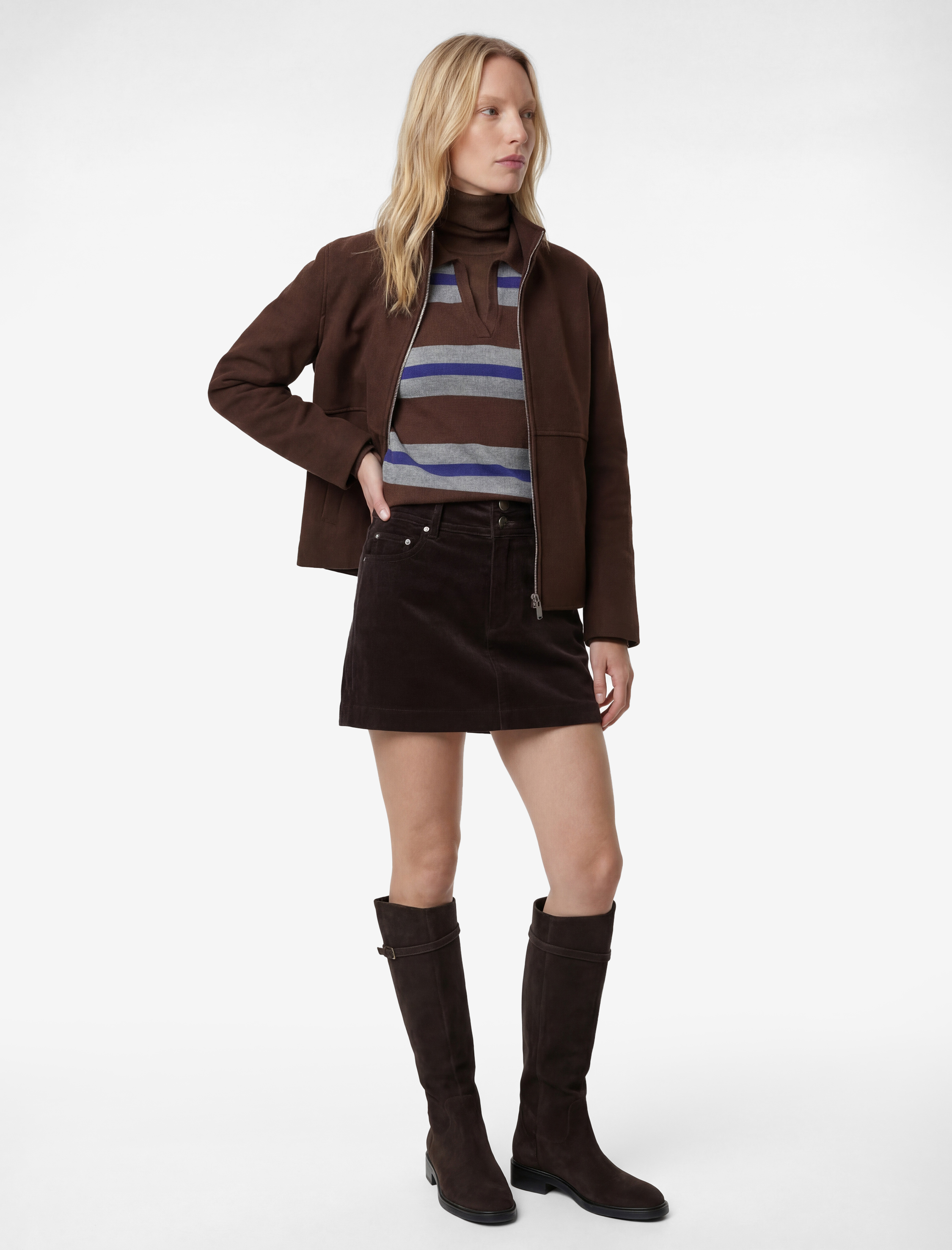   Uzun Kollu Fermuarlı Cepli Dik Yaka Kaşe Ceket