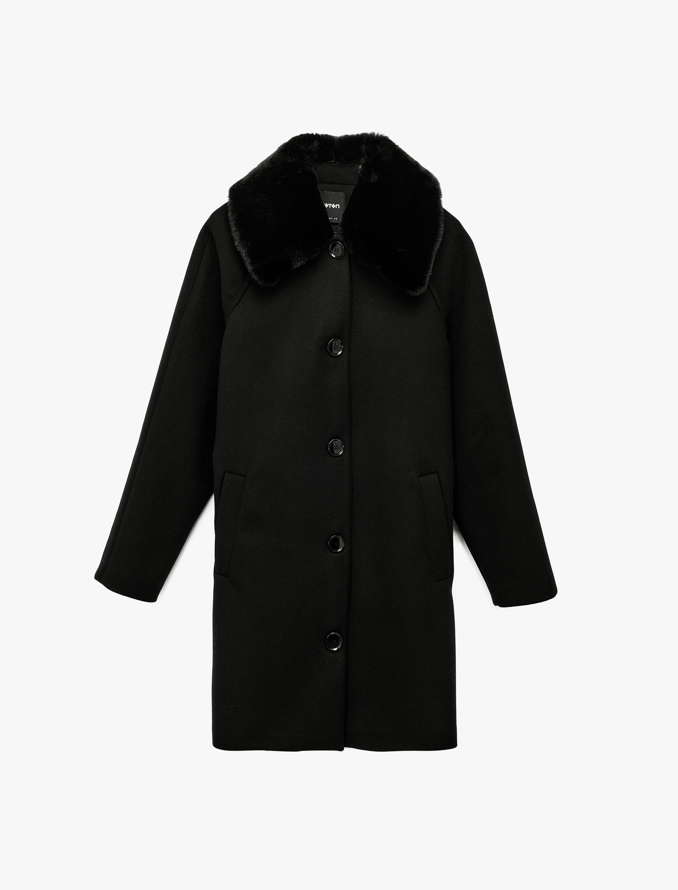   Uzun Kollu Kemerli Düğmeli Çıkarılabilir Suni Kürk Yakalı Kaşe Kaban