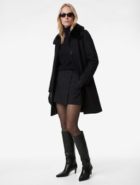 Uzun Kollu Kemerli Düğmeli Çıkarılabilir Suni Kürk Yakalı Kaşe Kaban