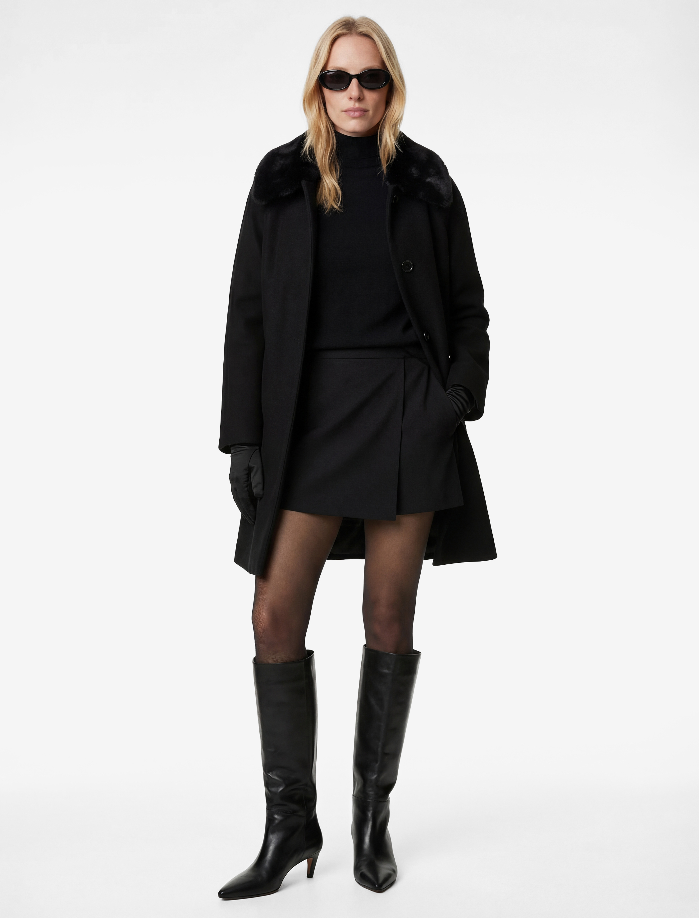   Uzun Kollu Kemerli Düğmeli Çıkarılabilir Suni Kürk Yakalı Kaşe Kaban