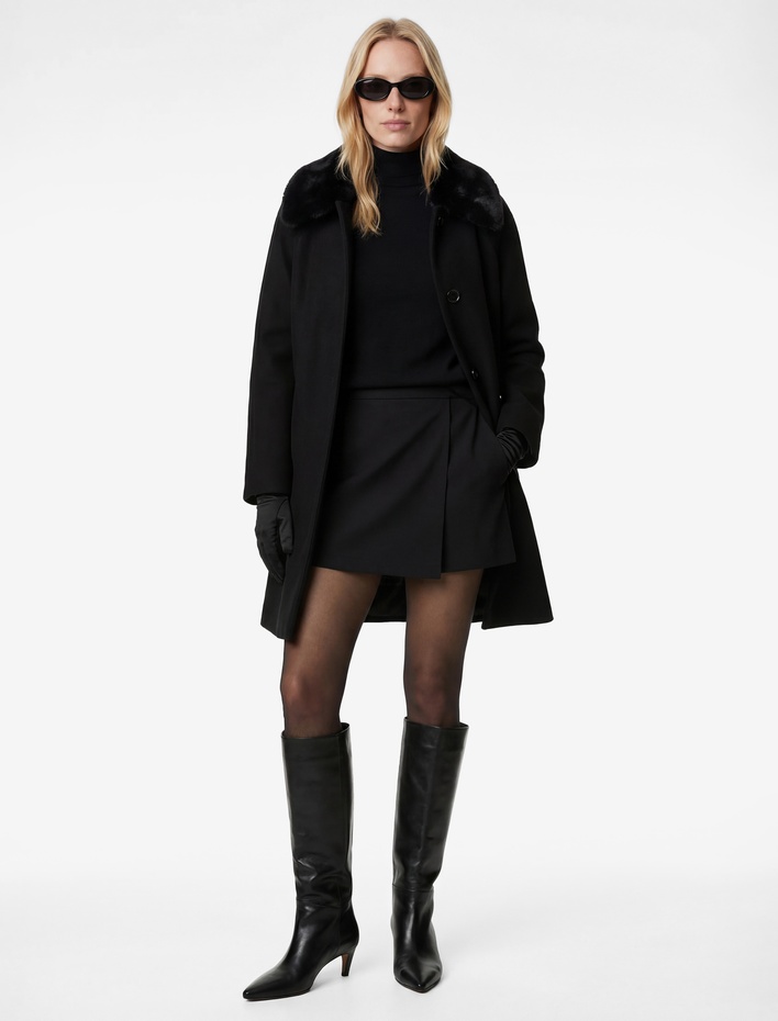  Uzun Kollu Kemerli Düğmeli Çıkarılabilir Suni Kürk Yakalı Kaşe Kaban