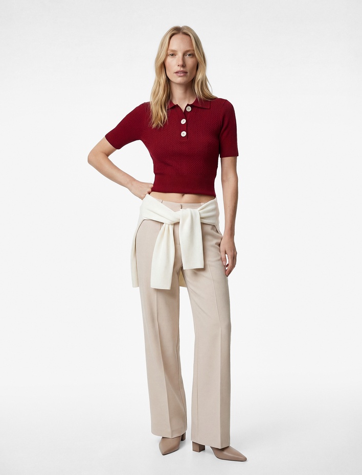  Koton X Melis Ağazat - Kısa Kollu Düğmeli Polo Yaka Saç Örgü Kazak