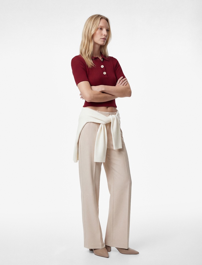  Koton X Melis Ağazat - Kısa Kollu Düğmeli Polo Yaka Saç Örgü Kazak