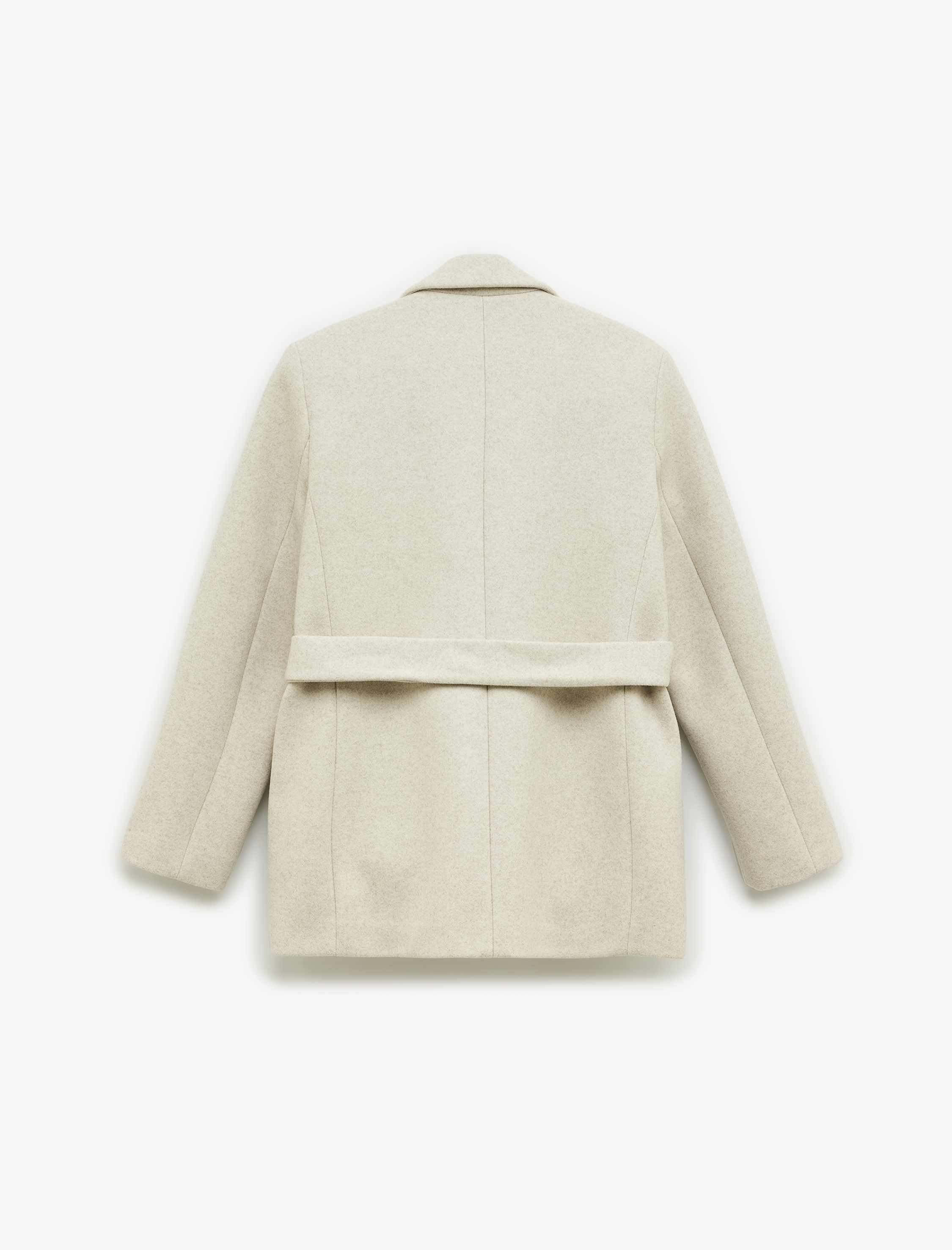   Uzun Kollu Cepli Kemer Detaylı Kruvaze Düğmeli Kısa Kaşe Mont