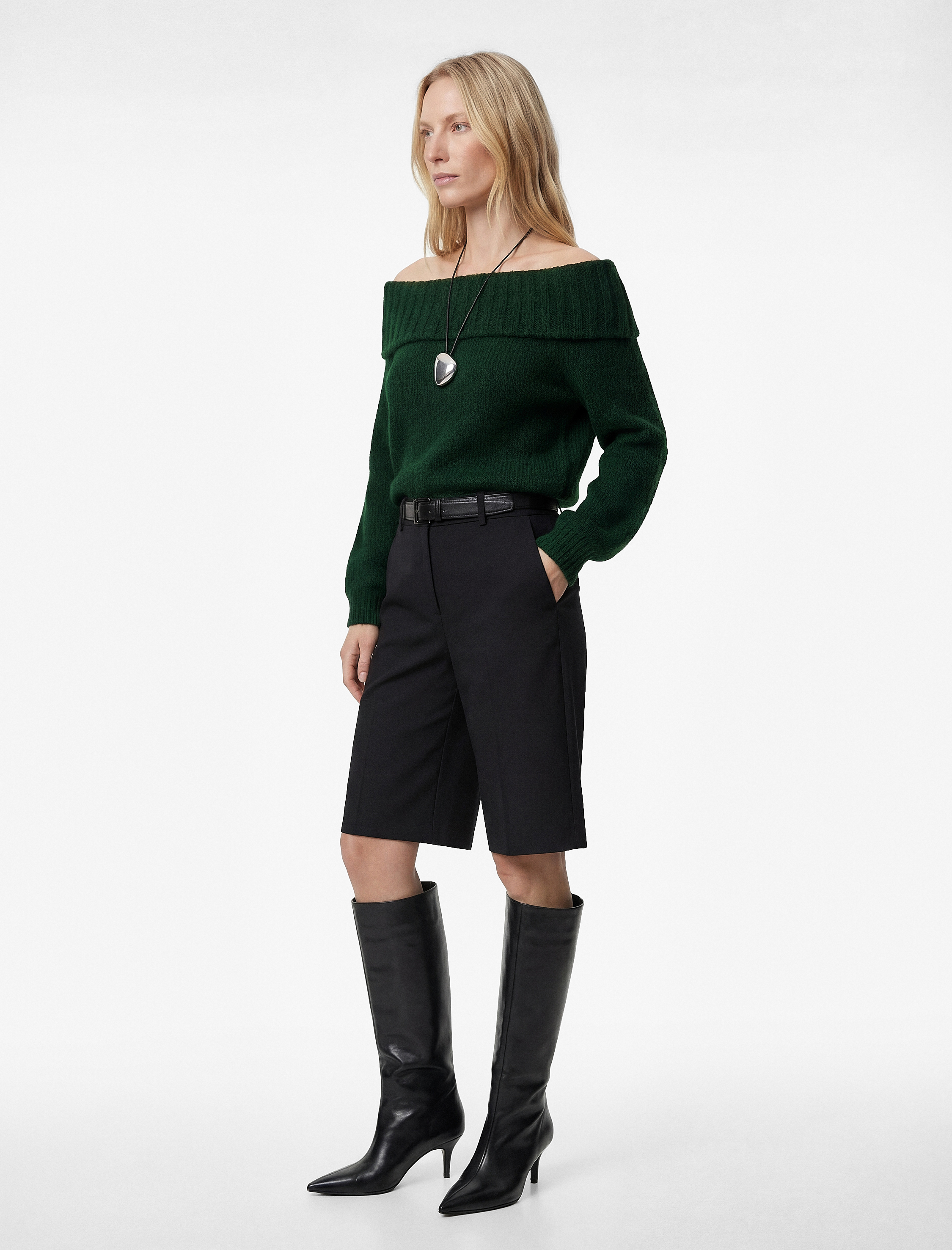   Uzun Kollu Koyun Yünü Karışımlı Omzu Açık Triko Kazak