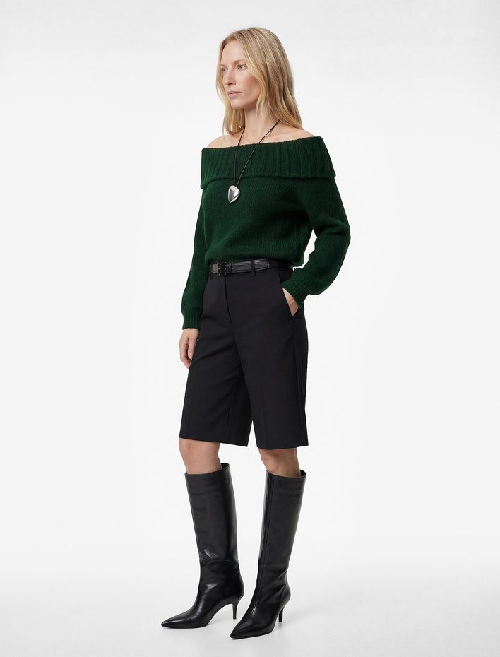  Uzun Kollu Koyun Yünü Karışımlı Omzu Açık Triko Kazak