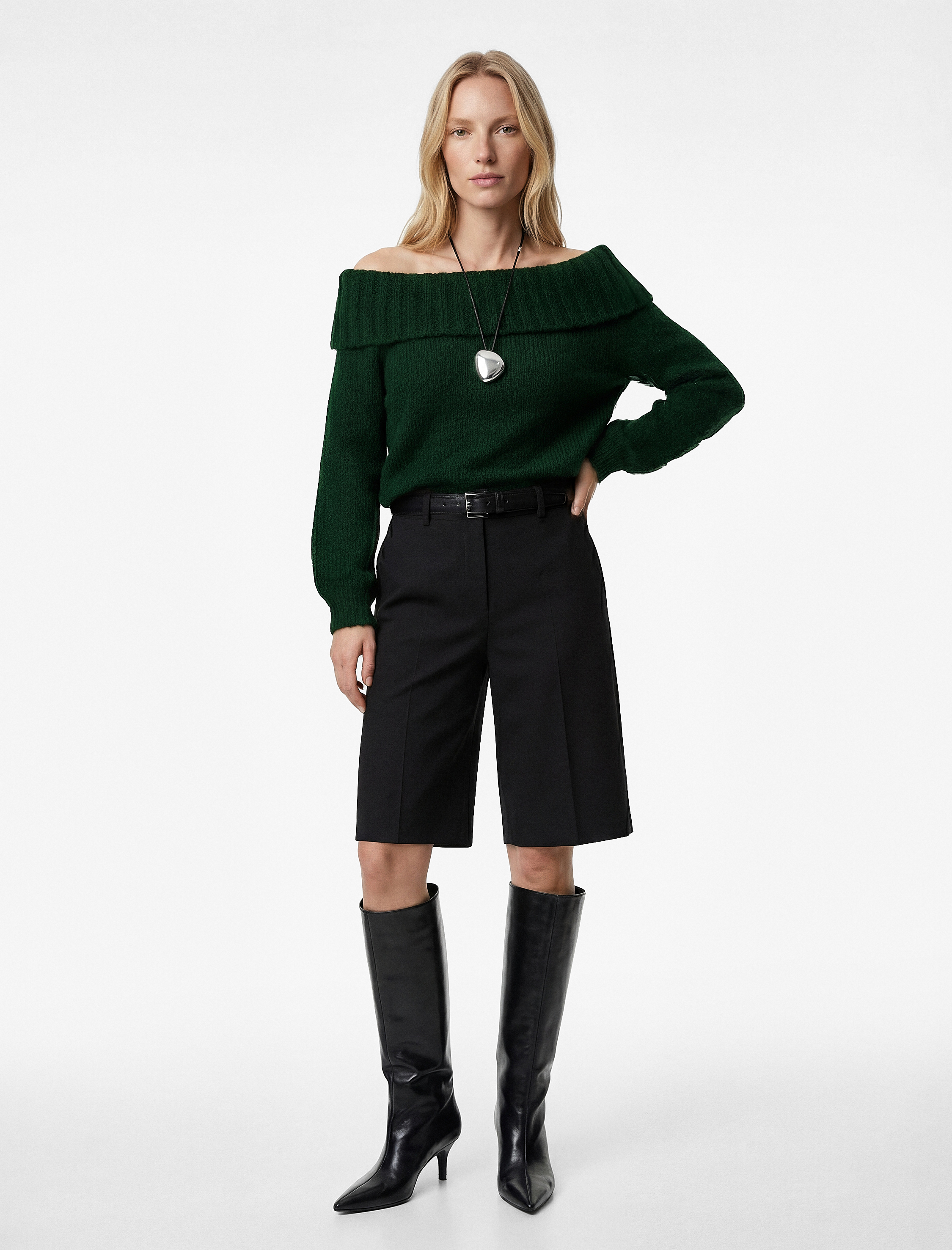   Uzun Kollu Koyun Yünü Karışımlı Omzu Açık Triko Kazak