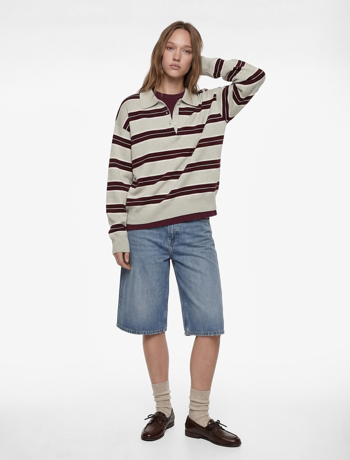  Basic Düğmeli Uzun Kollu Polo Yaka Triko Kazak