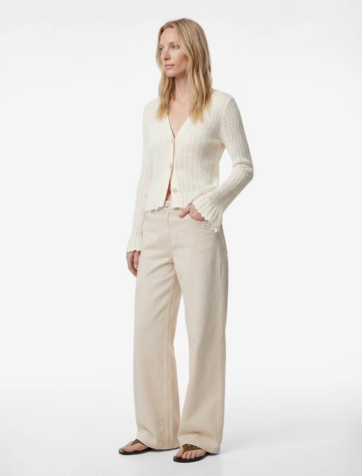  Uzun İspanyol Kollu V Yaka Ajurlu Triko Hırka