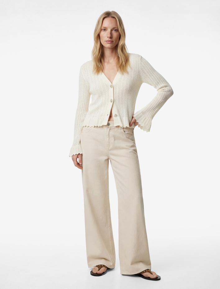  Uzun İspanyol Kollu V Yaka Ajurlu Triko Hırka