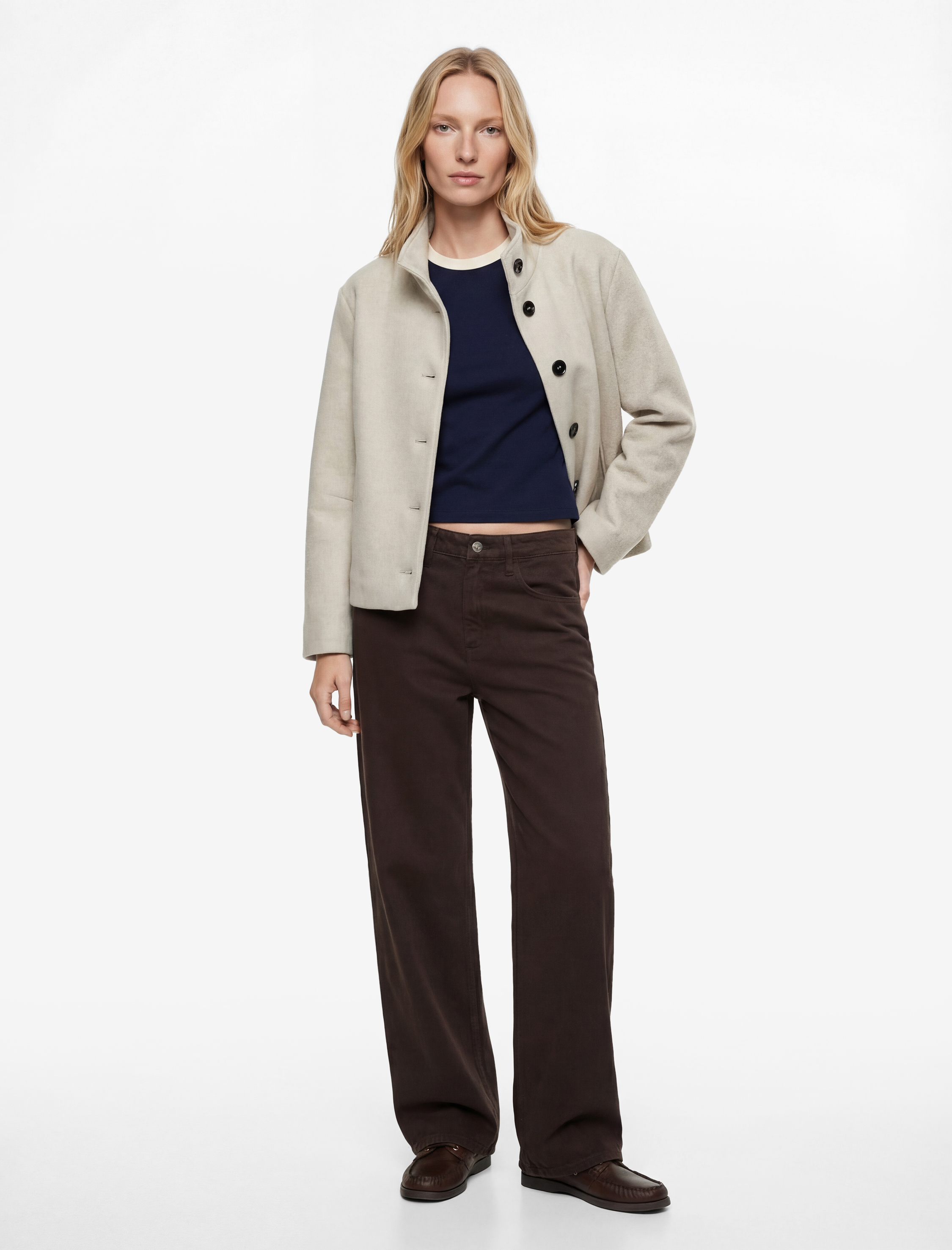   Düğmeli Dik Yaka Uzun Kollu Oversize Kaşe Kaban