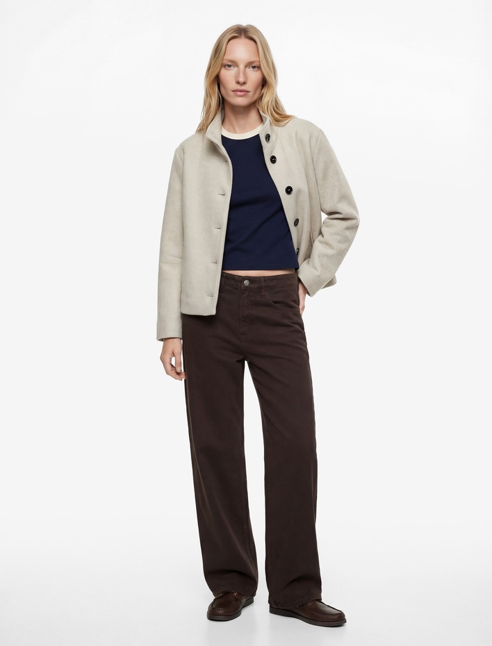  Düğmeli Dik Yaka Uzun Kollu Oversize Kaşe Kaban