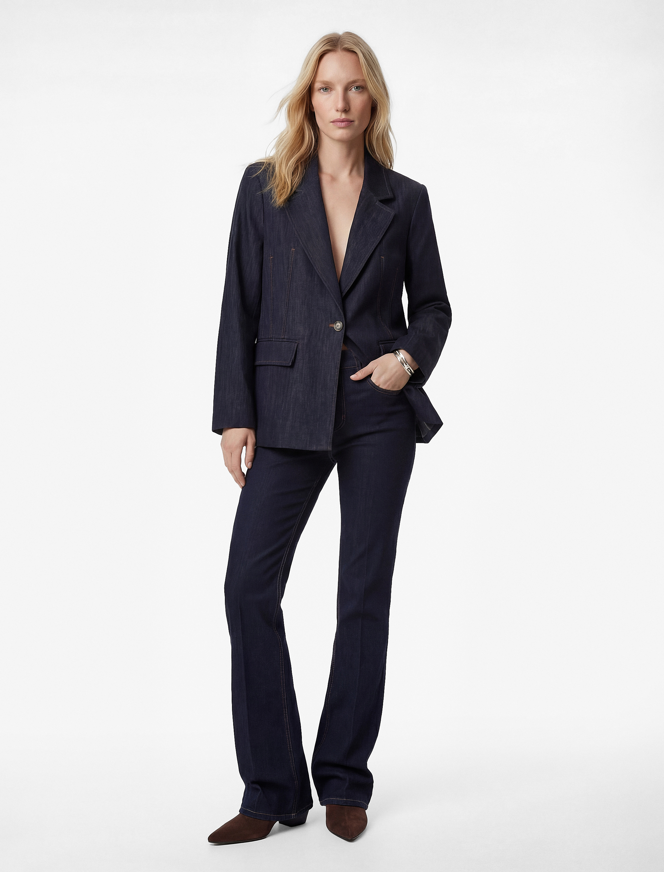   Slim Fit Cepli Uzun Kollu Denim Blazer Ceket