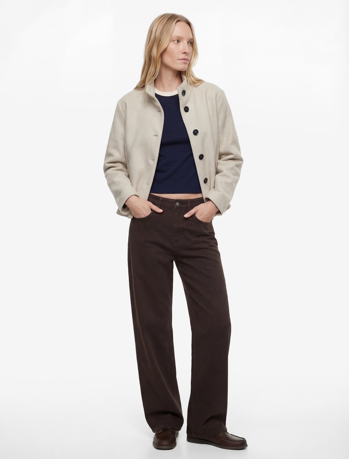  Düğmeli Dik Yaka Uzun Kollu Oversize Kaşe Kaban