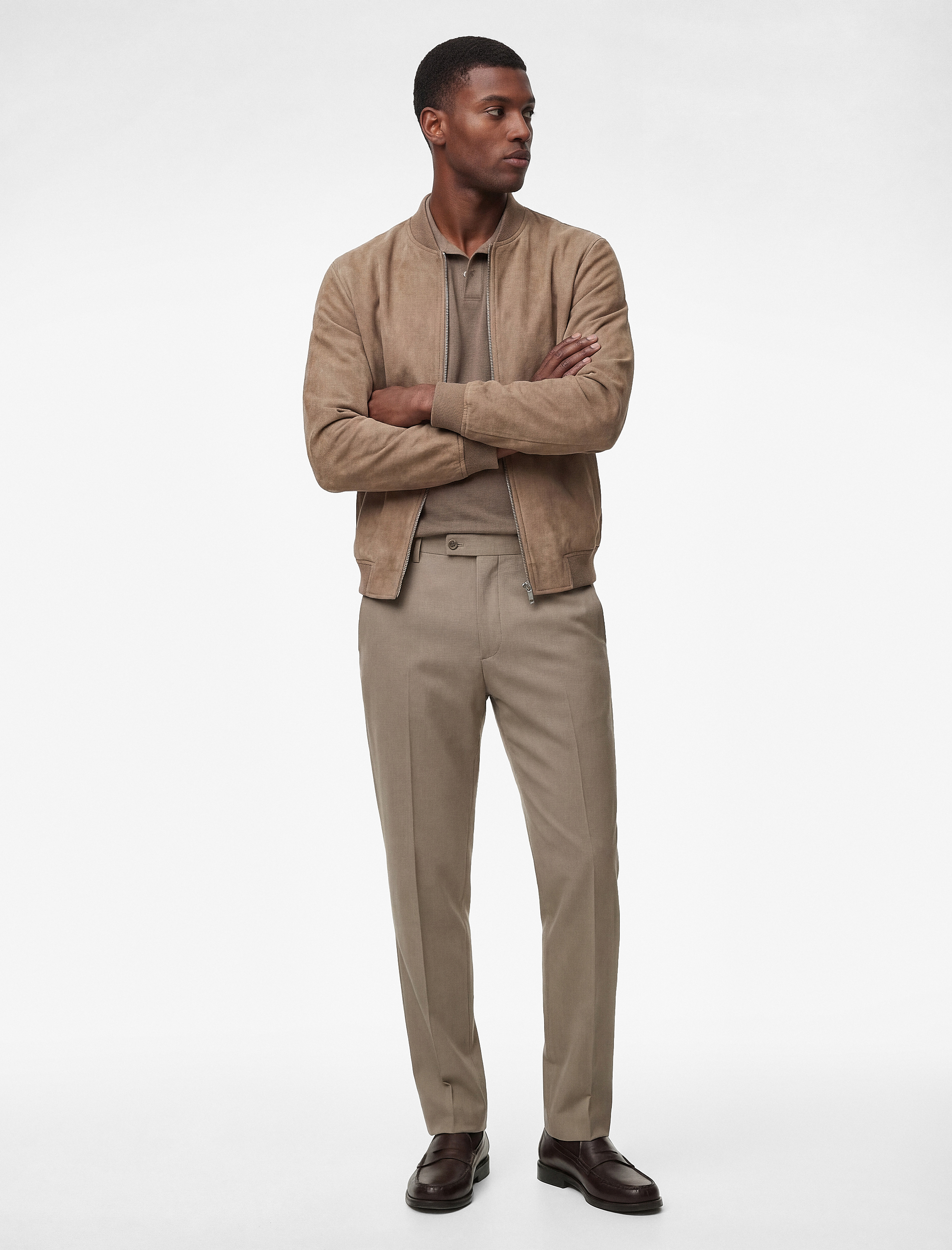   Regular Fit Uzun Kollu Cepli Kolej Yaka Fermuarlı Suni Süet Bomber Ceket