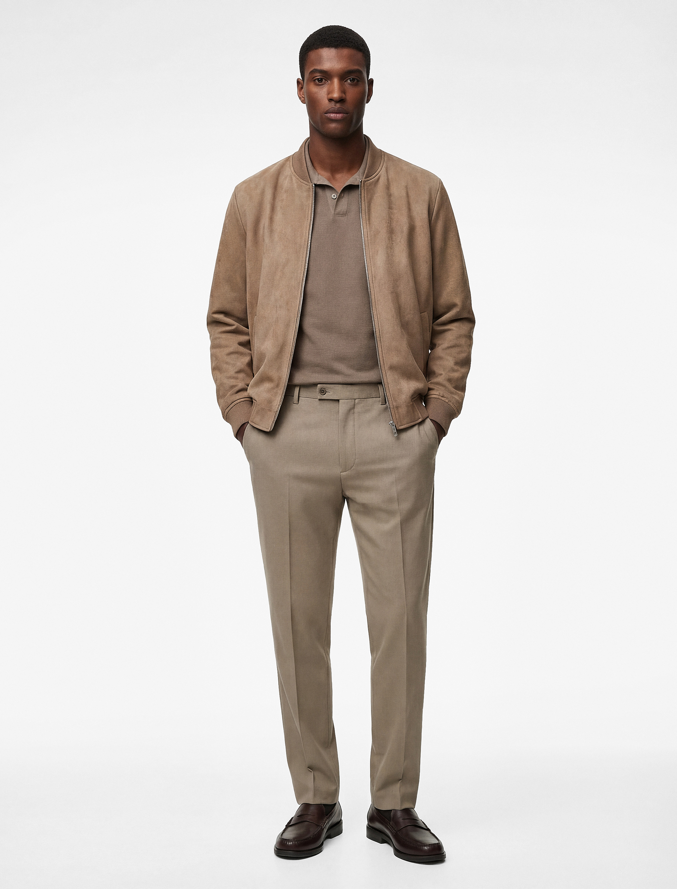   Regular Fit Uzun Kollu Cepli Kolej Yaka Fermuarlı Suni Süet Bomber Ceket