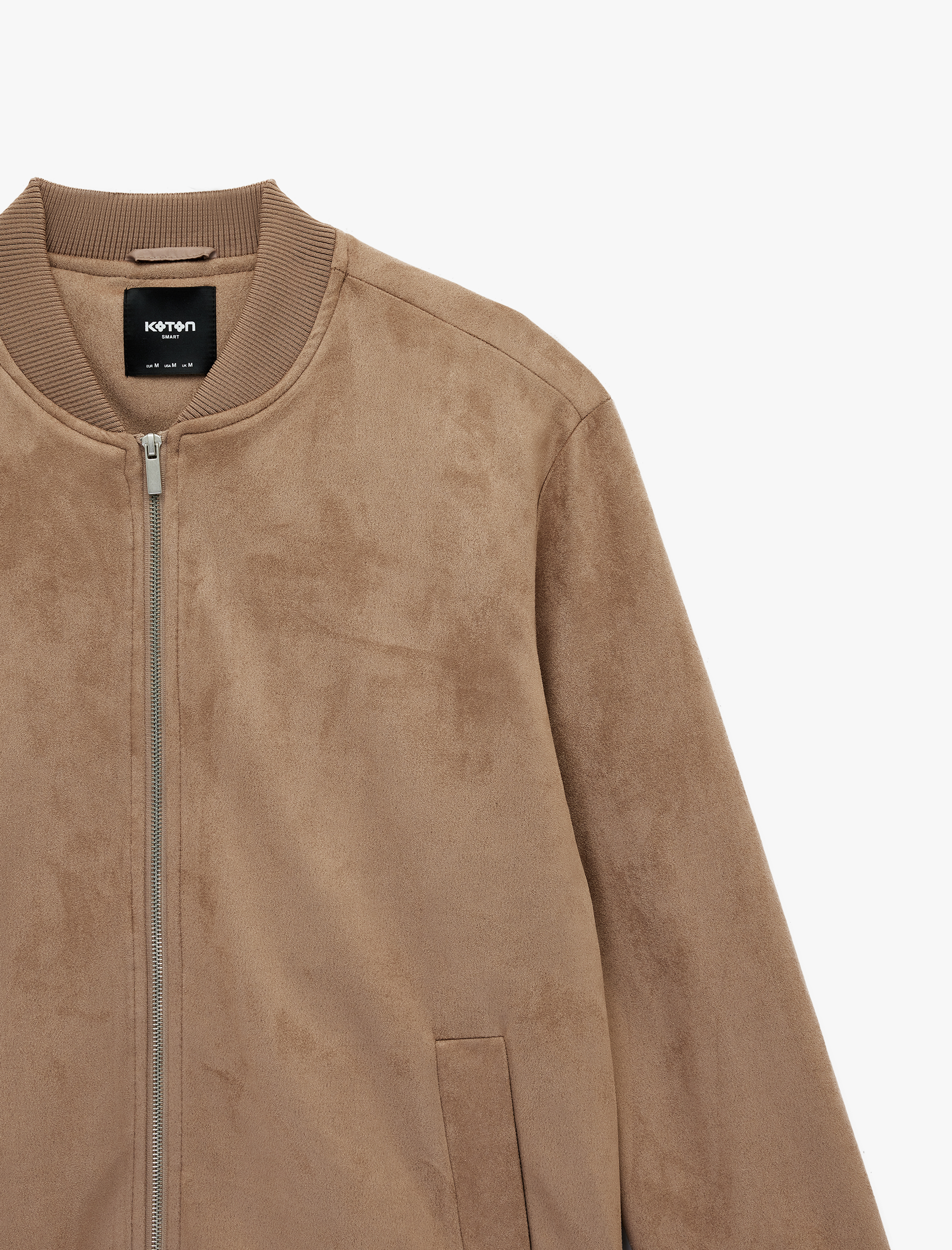   Regular Fit Uzun Kollu Cepli Kolej Yaka Fermuarlı Suni Süet Bomber Ceket