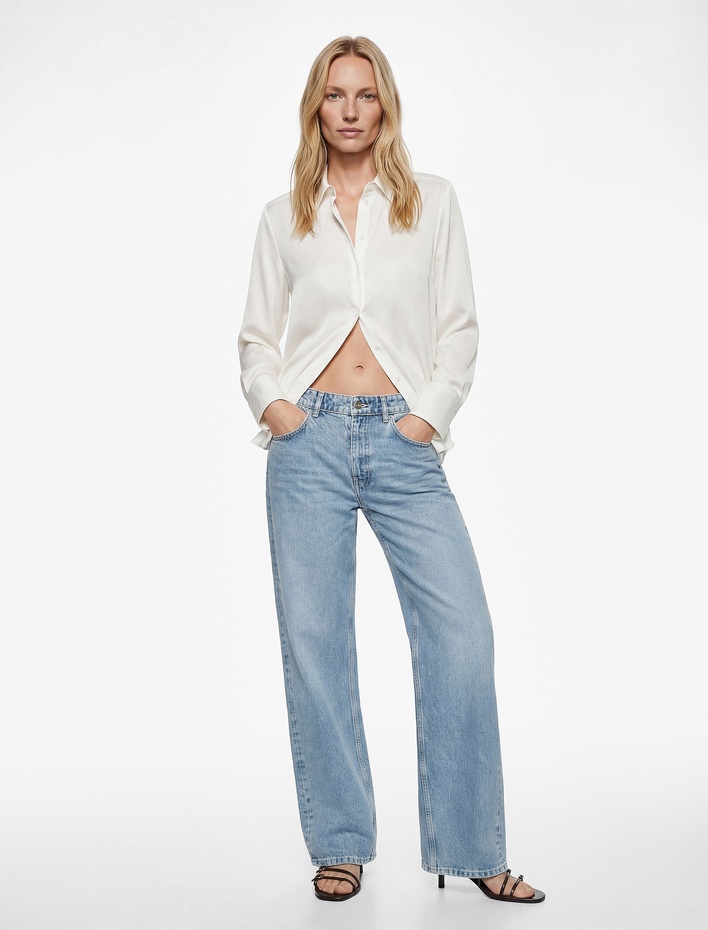  Regular Fit Uzun Kollu Düğmeli Saten Gömlek