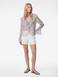 V Yaka Bağlama Detaylı Uzun İspanyol Kollu Fırfırlı Çiçekli Şifon Bluz