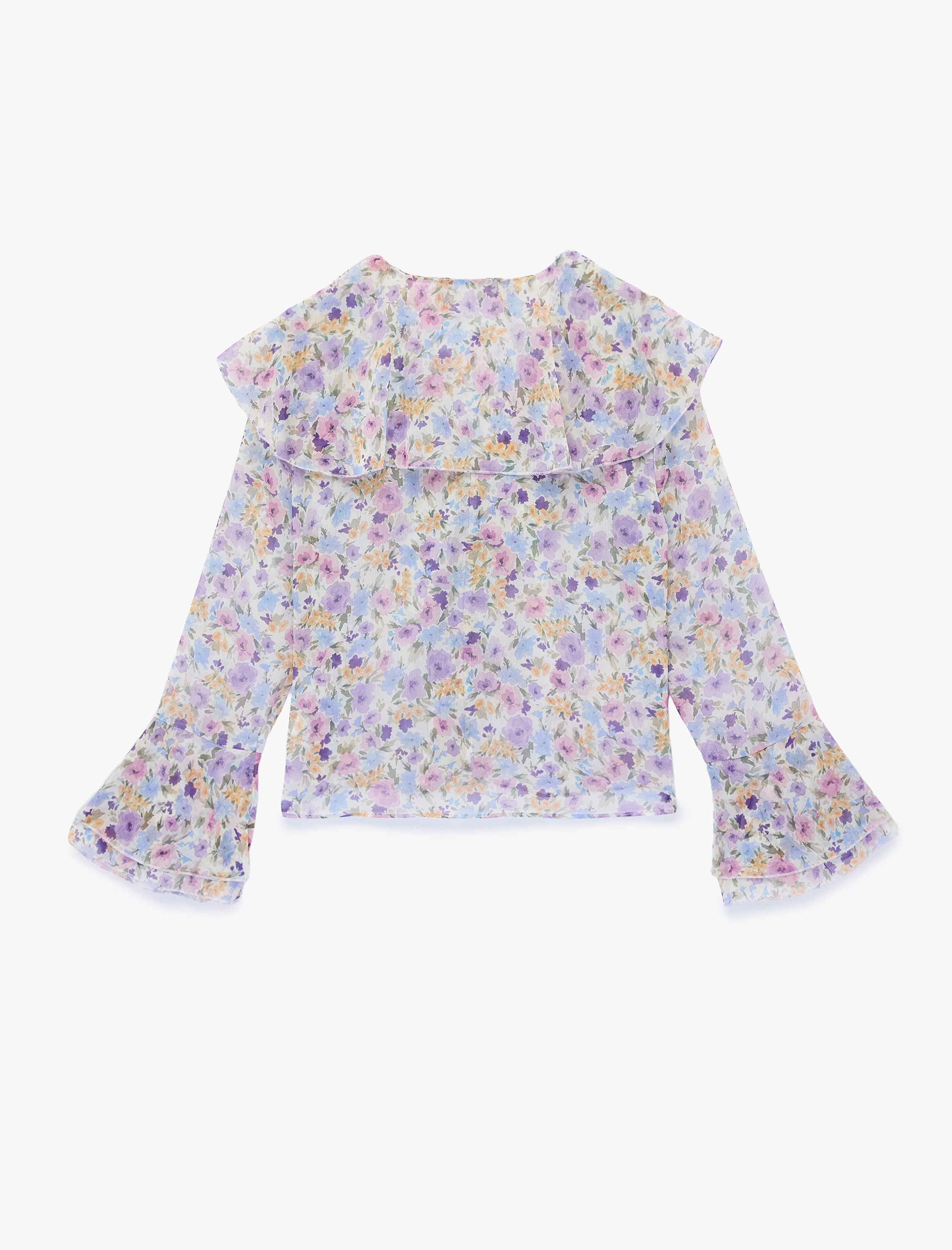   V Yaka Bağlama Detaylı Uzun İspanyol Kollu Fırfırlı Çiçekli Şifon Bluz