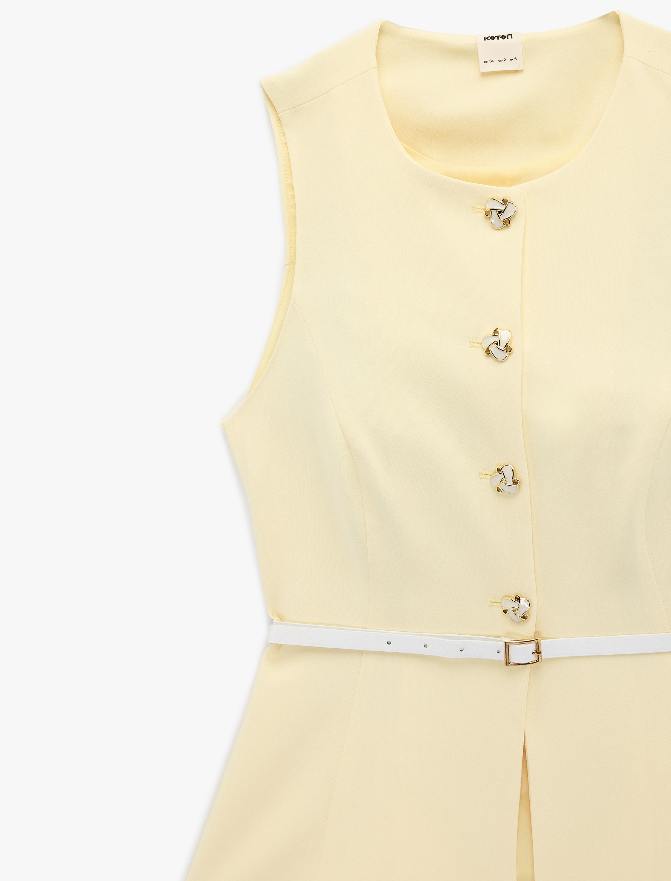   Mücevher Düğmeli Kemerli Bisiklet Yaka Krep Kumaş Uzun Peplum Yelek