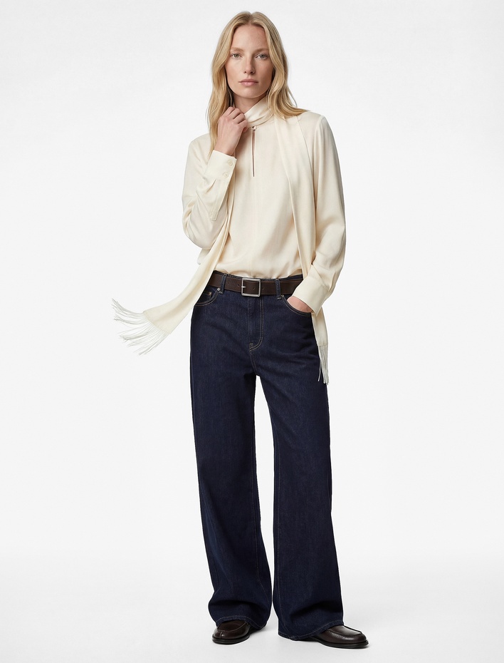  Uzun Kollu Şal Yaka Püsküllü Saten Bluz