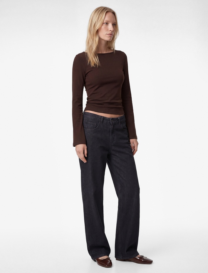  Pamuklu Kayık Yaka Uzun İspanyol Kollu Bluz